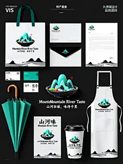 “山河味” - 特产美食品牌VIS设计，大师作品，精致排版，简约高级，国潮，极简风格，国风3D卡通。品牌logo以山水轮廓与食器融合，自然流畅；品牌名称中英文“山河味 Mountain River Taste”，slogan“山河壮丽，味传千里”；品牌颜色青绿、墨黑、白色；品牌风格国风极简，版式设计层次分明，辅助图案山峦、水流；涵盖手提袋、信封、信纸、名片、雨伞、台卡、海报、纸杯、围裙等。