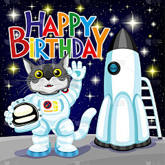 穿着宇航员服装的可爱猫咪和生日祝福。