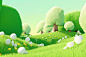 3d green grass and trees in the grass, in the style of playful, whimsical illustrations, delicate flowers, rendered in cinema4d, mori kei, playful cartoons, spiky mounds, white and green