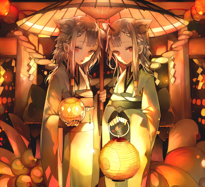 壁纸 祭祀 油纸伞 灯笼 鬼姬 双子少女 暖色系 兮童采集 动漫 二次元