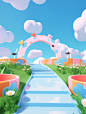 Stage design, close-up s-shaped curve with grass on both sides, cows, blue sky and white clouds, 3d rendering, c4d, vibrant stage background, symmetrical composition