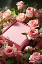 the photograph of a pink box and flowers, in the style of expansive, pale palette, storybook-esque, photobashing, flat surfaces, lush and detailed, sleek