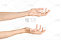 手势主题:演播室中，人的手在白色背景上显示孤立的手势