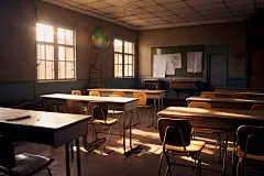 现代教室课桌椅场景摄影图