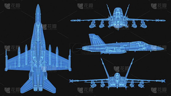 军用飞机3d线框图，细蓝线。航空未来全息...