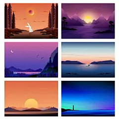 57款唯美扁平湖泊户外山水风景装饰画夜晚流星植物插画AI矢量素材-淘宝网