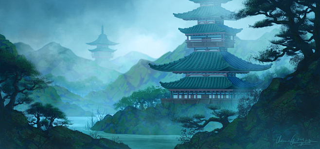 中国风场景气氛图古风山水建筑武侠仙侠CG...