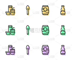 设置线汽水罐，咖啡杯去，勺子和酱瓶图标。向量