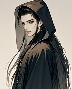 国风插画男子长发披肩垂直连帽长袍