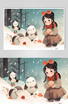 AI数字艺术女孩雪人二十四节气小雪插画
