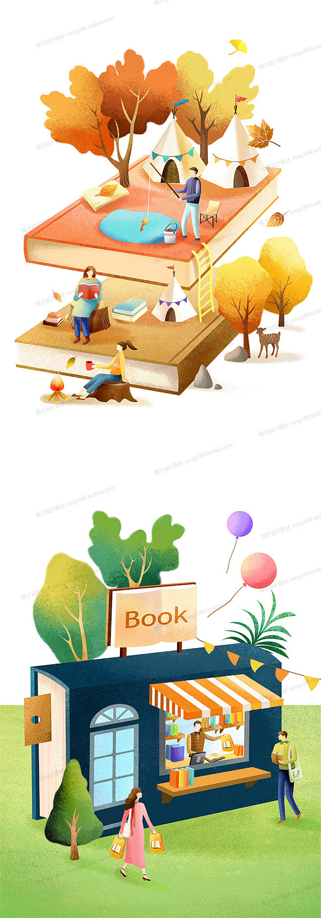 z37阅读卡通绘画场景图书馆手绘插画书籍读书书本绘本psd设计素材淘宝