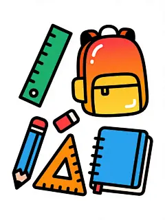 一套彩色卡通风格的学习用品插画，包含橙色黄色渐变书包、绿色直尺、蓝色铅笔、红色橡皮、橙色三角尺和蓝色翻开的笔记本，所有物品边缘有黑色描边，内部填充明亮饱和的色块，部分区域有白色高光点缀，整体呈现平面化、简约可爱的儿童插画风格，保持纯白色纯色背景，变换为更具立体感的半扁平化设计，物品添加轻微的体积感和光影过渡效果，保持原有色彩搭配和物品识别性，构图均衡分布于画面中