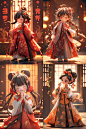 a IP cartoon Chinese Tang Dynasty girl,cute, full body, exaggerated movements and expressions of the character, floral-patterned dress, heart-shaped hairline, Pop mart, blind box, bokeh, ray tracing, front view, 3D, OC rending, best quality, 8k, high deta