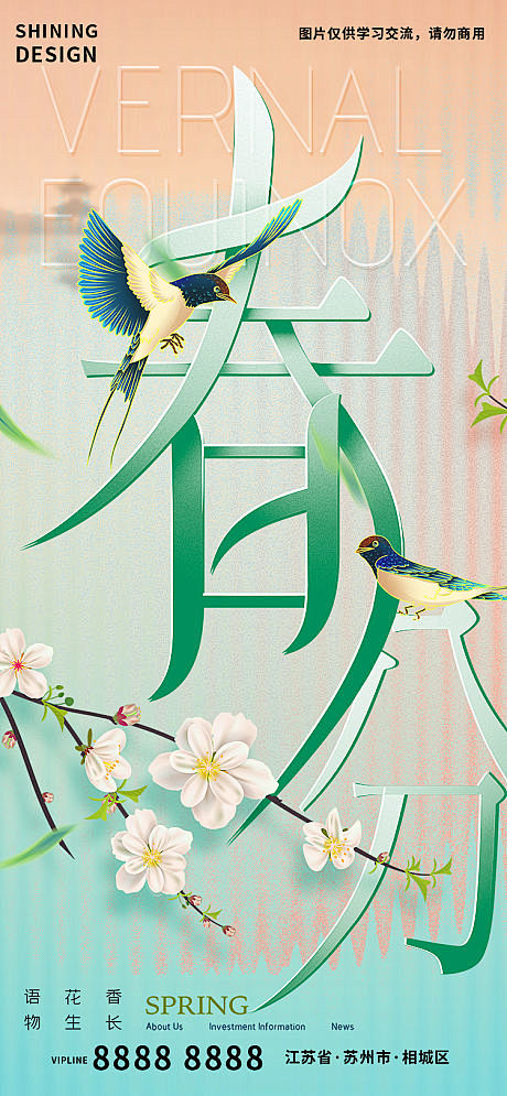 春分创意字体鸟语花香节气海报-源文件