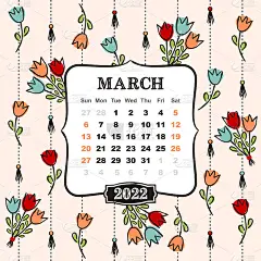 2022年日历的专题模板。三月。