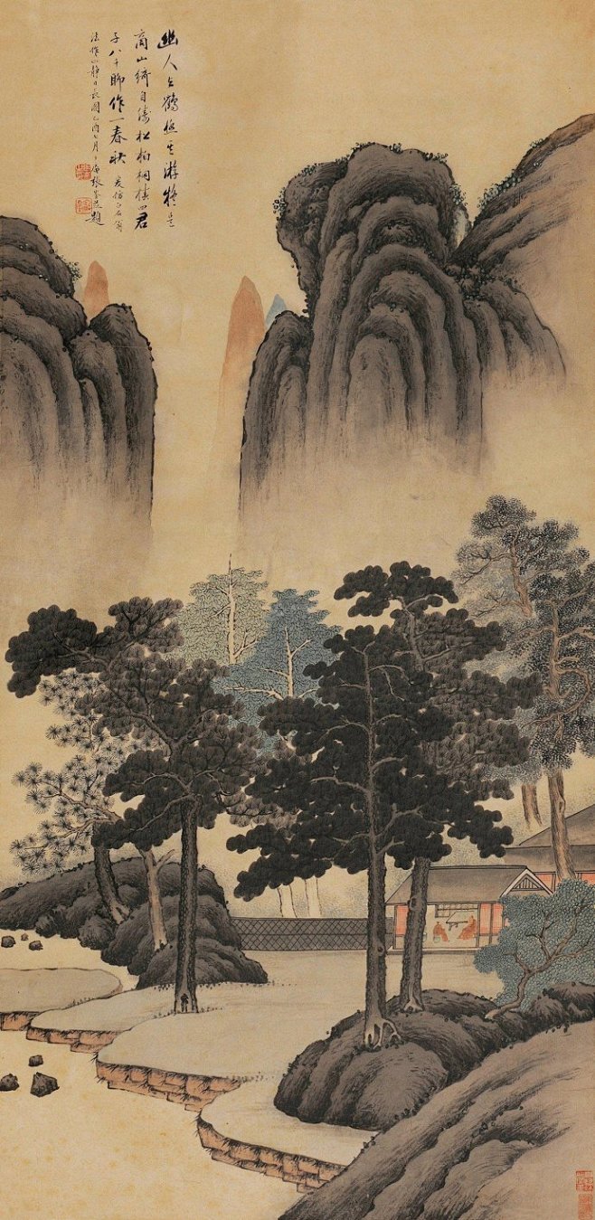 幽人与鹤极其游，疑是商山绮自俦。松柏桐椿...