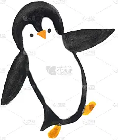 一只白色的卡通企鹅在跳舞。水彩手绘插画的设计和打印