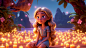 Delight in Gioia Spataro's enchanting presence as she explores a magical meadow adorned with vibrant flowers and flickering candles. In a Disney-style 3D animation, her joy and wonder radiate, mirroring the beauty around her. The animation captures every 