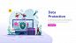 Safety and confidential data protection. vpn internet network security. traffic encryption personal privacy concept with people character. web landing page, banner, presentation, social or print media Premium Vector
