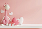 Valentine's day in children's room with little giraffe on pink wall background.3d rendering