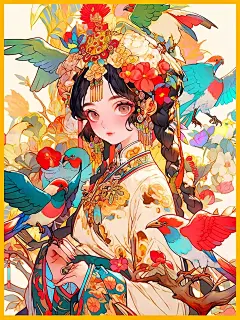 Mi家花鸟|国潮&amp;国风插画|古风女孩