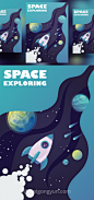 扁平宇宙太空旅行AI矢量EPS设计素材海报卡通插画星球火箭宇航员