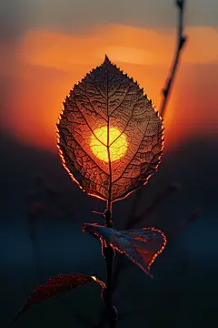 夕阳照亮的一片树叶摄影图片