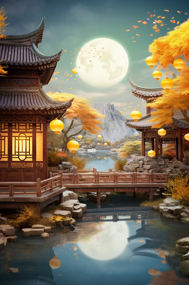 AI数字艺术3D中秋赏月古建筑背景图-众图网图片_素材图片素材-花瓣网