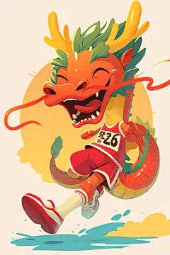 AI数字艺术龙年卡通跑步运动员插画