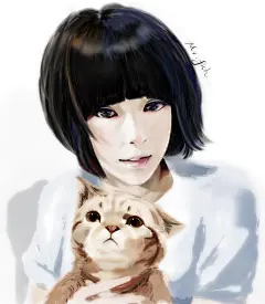 抱着猫的少女-婳鱼_淡彩，手绘，板绘，肖像，猫_涂鸦王国插画