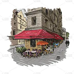 手绘巴黎户外咖啡馆，矢量插图