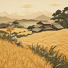 水稻麦穗，田地，梯田，#AI插画#