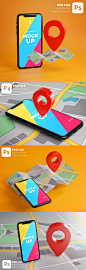 智能手机红色GPS定位点地图模型包样机（PSD） 