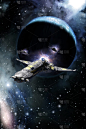 宇宙飞船战斗机和气体行星3d 渲染科幻插图