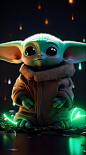 This may contain: the child yoda is sitting in front of some lights