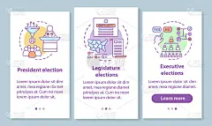 带有线性概念的手机应用页面屏幕上的选举。总统、立法机关、行政选举。三个演练步骤，图形说明。UX, U