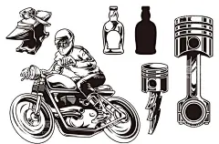 黑白手绘素描摩托车手  - 源文件下载【酷图网】摩托车,车手,赛车,赛车手,机车,驾驶,骑行,加速,超速,竞速,比赛,风驰电掣,车轮,竞赛,铁砧,酒瓶,醉驾,酒后驾驶,警告,警示,榔头,锤子,头盔,车灯,离合器,火花塞,线描,速写,黑白,画稿,绘画,插图,插画,