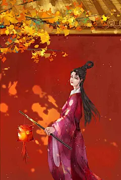 画师：无月
古风插画古风情侣双人头像半身红色银杏秋光影宫墙红墙女子