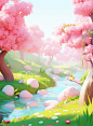 a pink tree and a stream in a garden, in the style of playful cartoon illustrations, 32k uhd, soft and dreamy atmosphere, meticulous design, flower and nature motifs, brightly colored, cute cartoonish designs