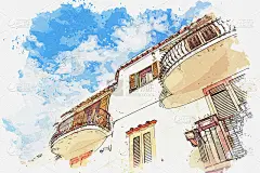 意大利著名地标阿马尔菲小镇索伦托的水彩画。