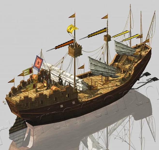 高精度的一艘古代战舰3D高模型，写实的唐朝帆船巨舰船大木船大船争战船只战鼓战旗船舶-自然场景-场景-qipqer-CG模型网-花瓣网