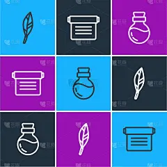 设置线魔法羽毛，瓶子与药水和古老的魔法书图标。向量