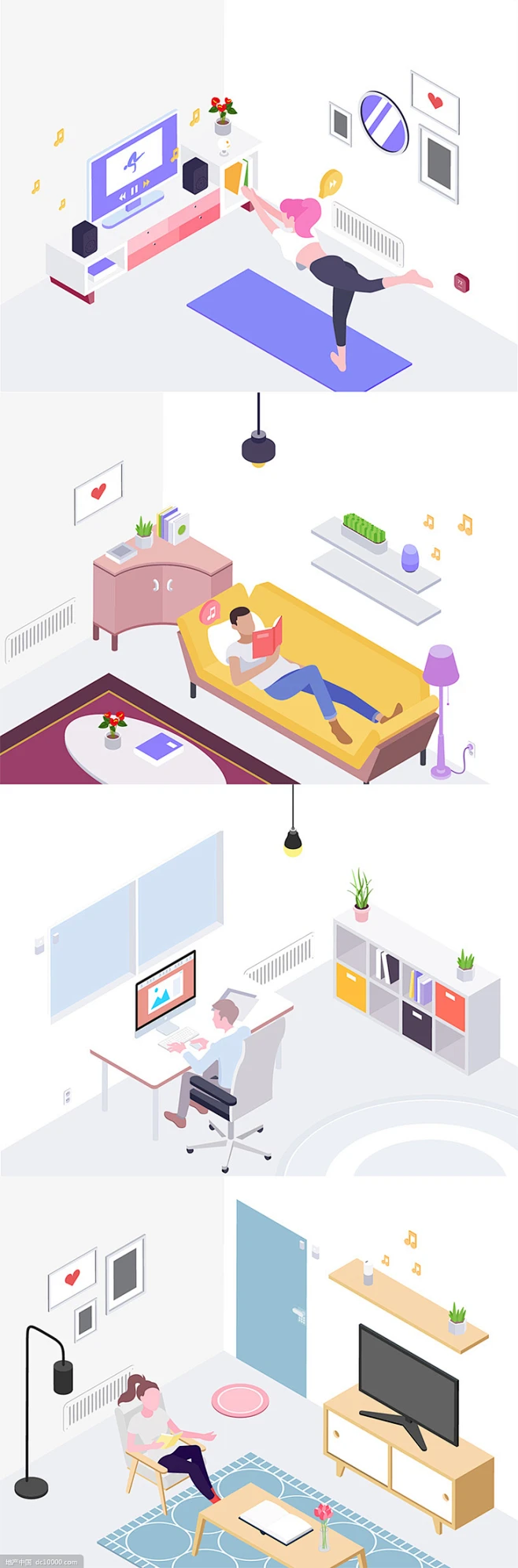 2.5D室内休闲办公卡通人物场景智能家居创意插画[Ai]-花瓣网
