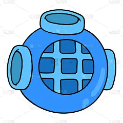 潜水员使用的蓝色头盔，矢量插画纸箱表情。涂鸦画图标