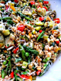 Springtime Farro Salad with Roasted Bell Peppers, Asparagus, Garlic, Zucchini, Artichoke Hearts, and Peas...