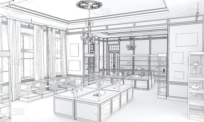 博物馆，展览馆，室内可视化，3D插图