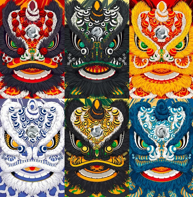 醒狮《一皇五虎将》系列作品-国潮、国风插画图片_醒狮图片素材-花瓣网