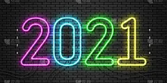 2021年氖文本。2021年新年霓虹横幅快乐。