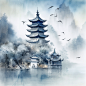 国画中式中国风水墨山水风景插画