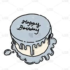 概念蓝色生日蛋糕与生日快乐的字体，顶部蛋糕流行艺术风格手绘。漫画书风格模仿.复古风格. 